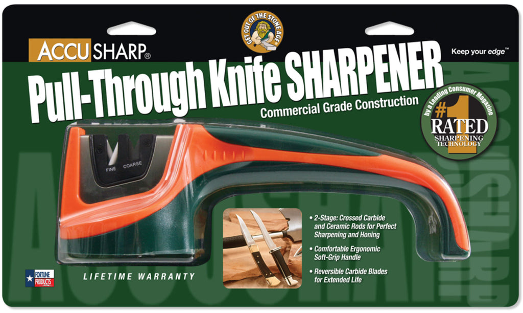 AccuSharp 039C PullThrough Sharpener Hand Held Fine Coarse Tungsten Carbide and Ceramic Sharpener Rubber Handle BlackOrange